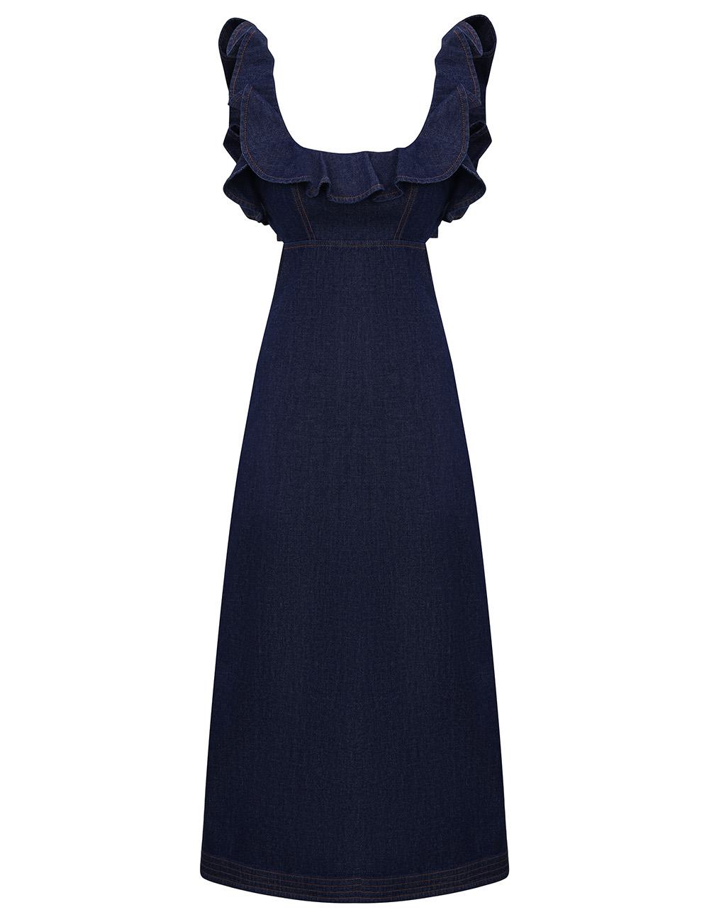 Aster Denim Frill Midi-klänning