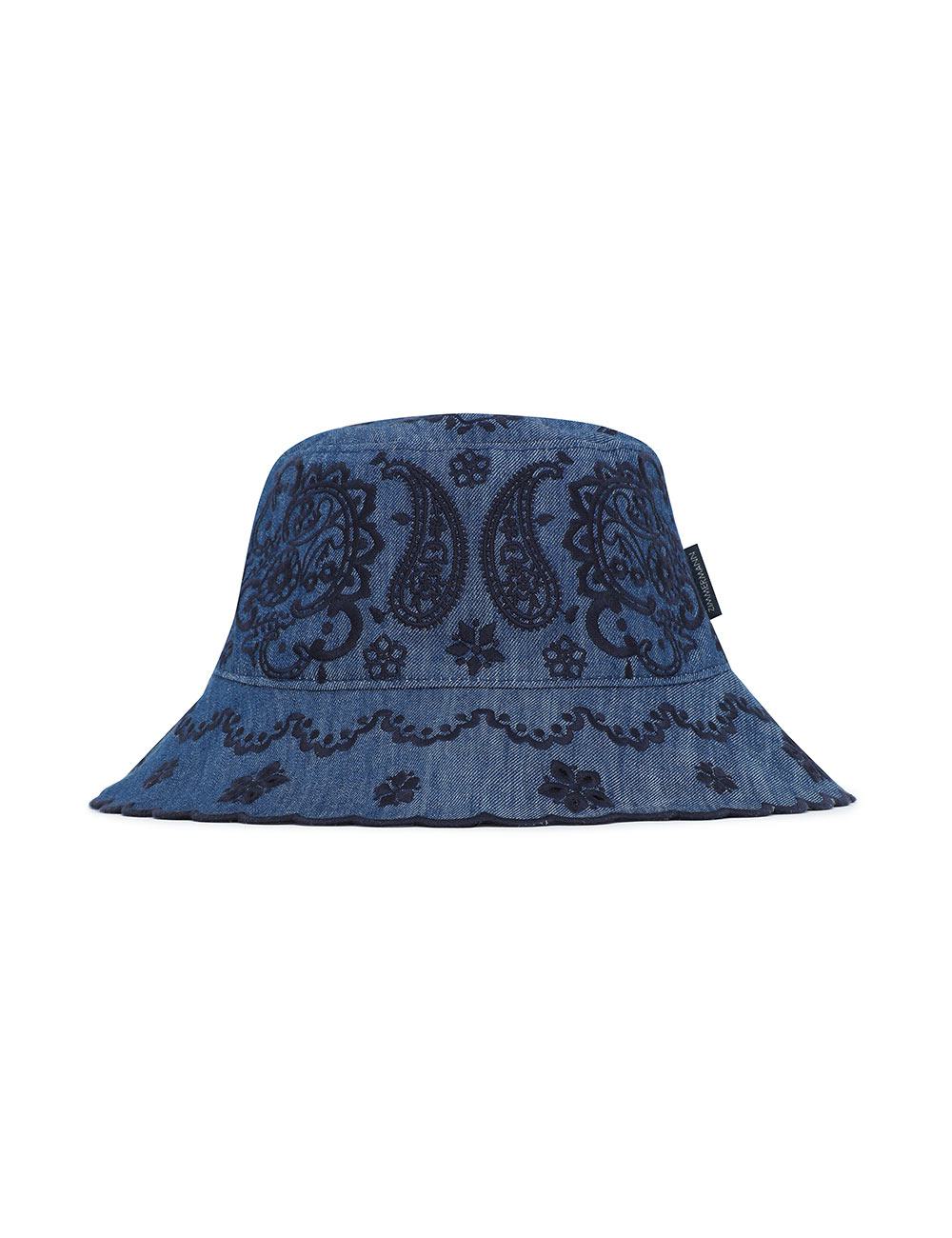 Stickad denimbuckethatt