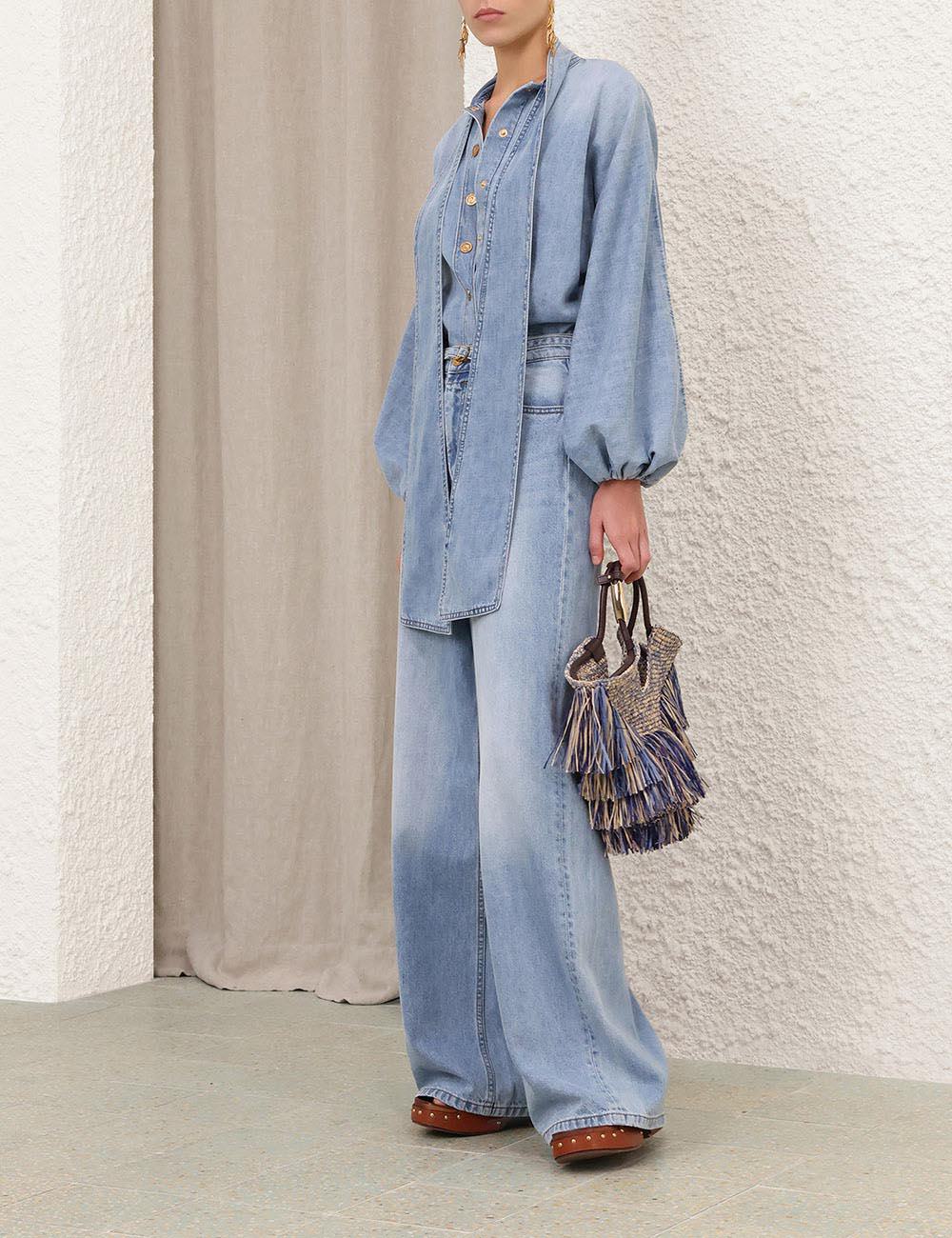 Indra Denim-knäppblus med knut