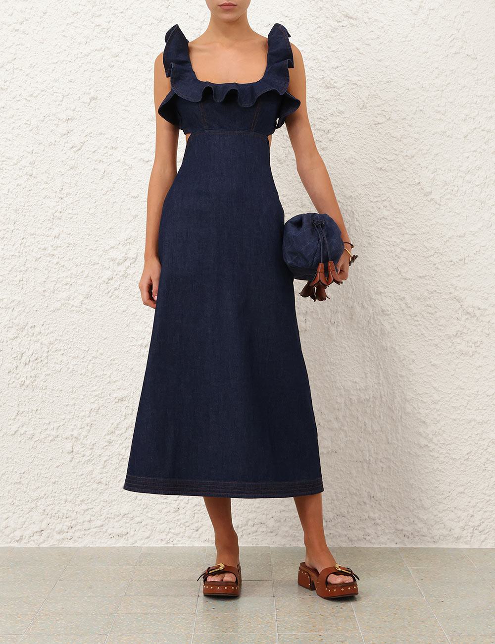 Aster Denim Frill Midi-klänning